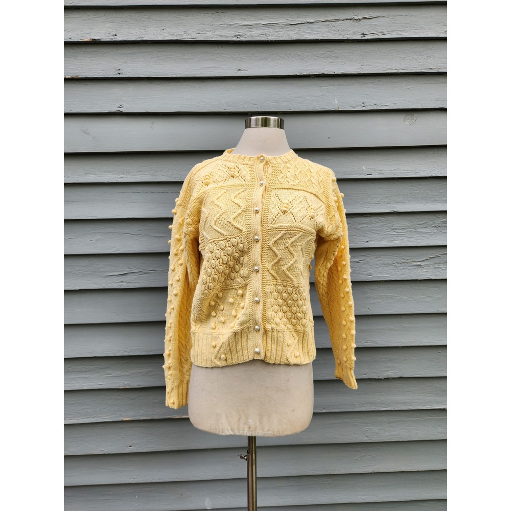 The Eagles Eye Cardigan Butter Yellow Hand Knit Popcorn Patchwork 1989 Large